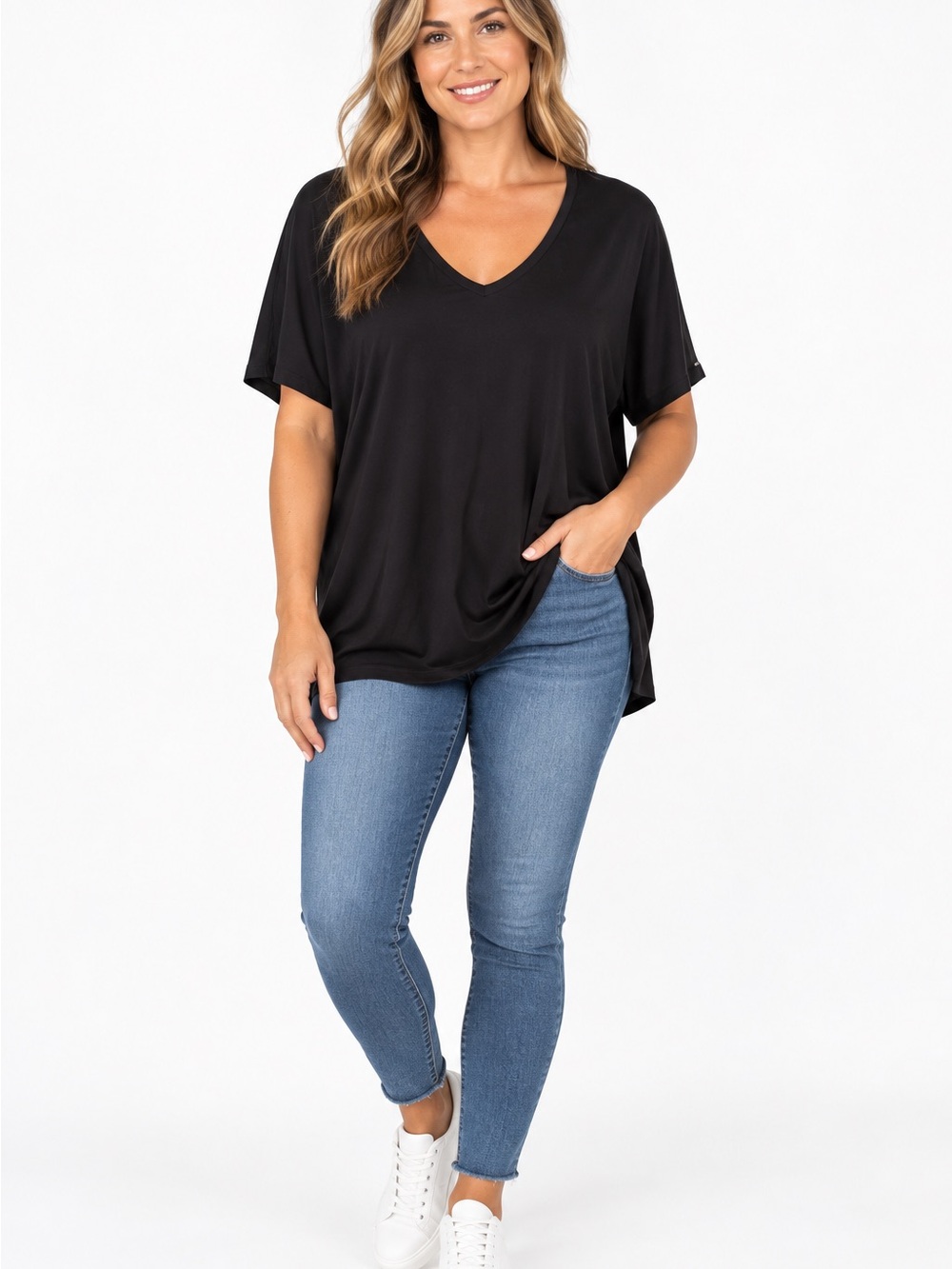 Calvin Klein Black Liquid Jersey V-Neck Short Sleeve Tunic Top